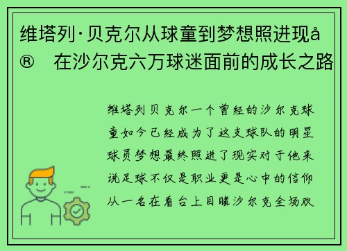 维塔列·贝克尔从球童到梦想照进现实在沙尔克六万球迷面前的成长之路