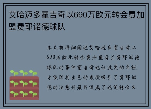 艾哈迈多霍吉奇以690万欧元转会费加盟费耶诺德球队